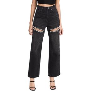 LaurelTree Women's Baggy High Waist Jeans with Rhinestone Studded Cut Outs Ripped Bedazzled Denim Fashion Y2K Wide Leg Pants