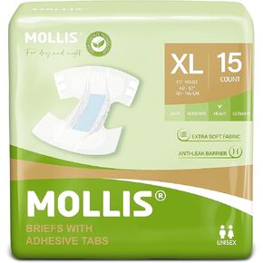 MOLLIS Adult Diapers for Women and Men, Unisex Disposable Incontinence Briefs with Tabs, Odor Control, Medium, 15 Count