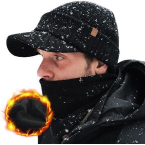 TOP-EX XL/XXL 50% Merino Wool Waterproof Visor Beanie All Weather Hat Fleece Lined with Circle Scarf Set