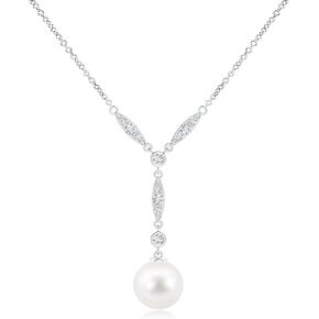 Angara Freshwater Cultured Pearl Lariat Style Necklace with Diamonds in 14K Solid Gold | June Birthstone, Birthday, Engagement, Anniversary, Wedding Jewelry Gift for Women