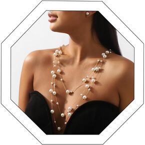 Vintage Pearl Multi Strand Necklace for WomenPearl Tassel Long Chain Necklace Set with Pearl Studs Boho Dainty Beads Layered Necklace Retro Prom Wedding Dress Jewelry Accessories