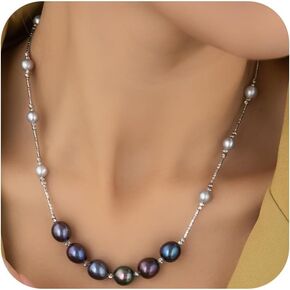 Pearl Necklaces for Women 6-10mm Dainty Freshwater Pearl Necklaces Black White Pearl Beaded Necklace Wedding Necklace Bride Bridesmaid Wedding Birthday Beach Jewelry