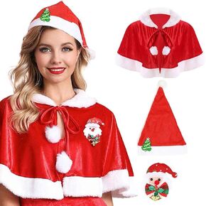 Aukmla Women Christmas Cloak Santa Claus Velvet Cape Costume Cosplay Xmas Shawl Wrap with Sequin Bow Headband Hat Brooch