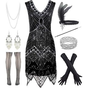 Women 1920s Short Prom Dresses V Neck Sequins Cocktail Flapper Plus Dress 20s Accessories Set