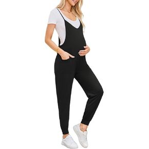 Women's Maternity Jumpsuits Loose Adjustable Spaghetti Strap Jogger Overalls Outfits Pregnancy Romper with Pockets