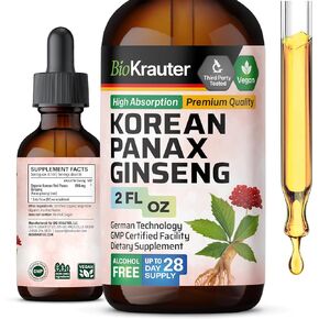 BIO KRAUTER Panax Ginseng Liquid Drops - Korean Ginseng Extract Alcohol Free - Red Ginseng Tincture for Immune Support - Vegan, Sugar Free Ginseng Drops 4 Fl.Oz.