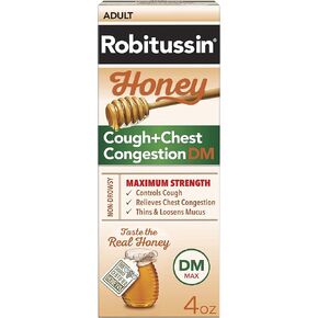 Robitussin Maximum Strength Honey Cough + Chest Congestion DM, Cough Medicine for Cough and Chest Congestion Relief Made with Real Honey- 4 Fl Oz Bottle