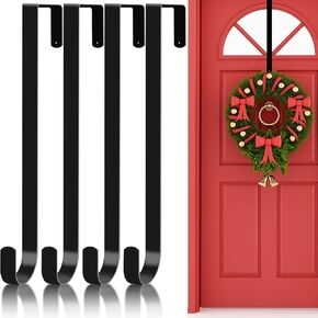 4 Pack 15" Wreath Hanger for Front Door Window Wreath Hooks Holder Over The Door Metal Hook Hangers for Fall Harvest Thanksgiving Day Halloween Christmas Wreath Decorations Hanger Black