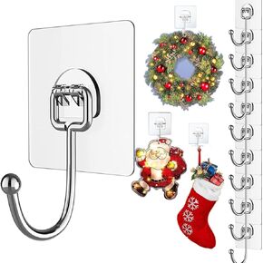 10PACK Ultra Strong 60lb (Max) Transparent Self-Adhesive Hooks - Heavy-Duty Wall Hooks for Kitchen, Bathroom, Ceiling, Large Clear Wreath Hangers for Door,Easter-Christmas-Halloween-Decorations