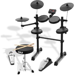 PYLE Electronic Drum Set- w/ 180 Sound Styles, 7pc Drum Kit w/ 4 Pads, 3 Cymbals, 2 Foot Pedals, Throne, Headphones, Sticks, AUX, Headphones, USB MIDI