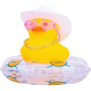 Yellow Duck Dashboard Decorations Mini Rubber Ducks Car Ornament Accessories with Mini Cowboy Hat Swim Tube Necklace and Love Shaped Sunglasses(L1)