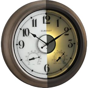 CLXEAST Illuminated Indoor Outdoor Clocks Waterproof 18 inch with Smart Sensor,Large Wall Clock with Thermometer & Hygrometer for Garden Patio Pool,Oil Rubbed Bronze Black