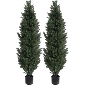 momoplant Artificial Topiary Cedar Outdoor Uv Resistant, 5.5 Foot Faux Cypress Toparies Trees 67 Inch Fake Plant【2 Pack】 with Black Pot