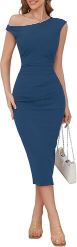 IHOT 2025 Womens Sexy Off Shoulder Ruched Bodycon Cocktail Dresses Elegant Wedding Guest Party Midi Dress with Slit in Kuwait