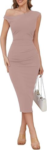 IHOT 2025 Womens Sexy Off Shoulder Ruched Bodycon Cocktail Dresses Elegant Wedding Guest Party Midi Dress with Slit in Kuwait