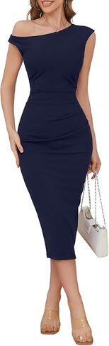 IHOT 2025 Womens Sexy Off Shoulder Ruched Bodycon Cocktail Dresses Elegant Wedding Guest Party Midi Dress with Slit in Kuwait
