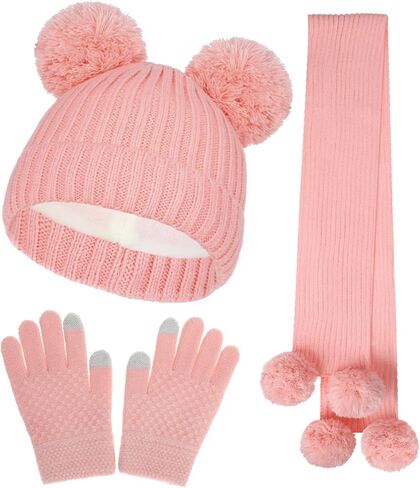 3Pcs Kids Hat Gloves Scarf Set for Girls Boys Toddlers Age 1-6 Winter Warm Beanie Hats Gloves Knit Set with Fleece Lined in Saudi Arabia
