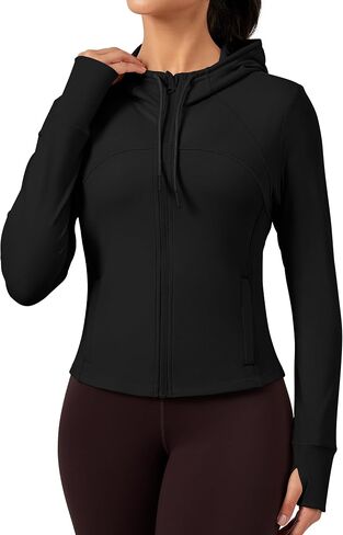 QUEENIEKE Hooded Workout Jacket for Women - Zip Up Athletic Running BBL Jacket Croped Tops with Back Mesh Vent & Thumb Holes in Saudi Arabia