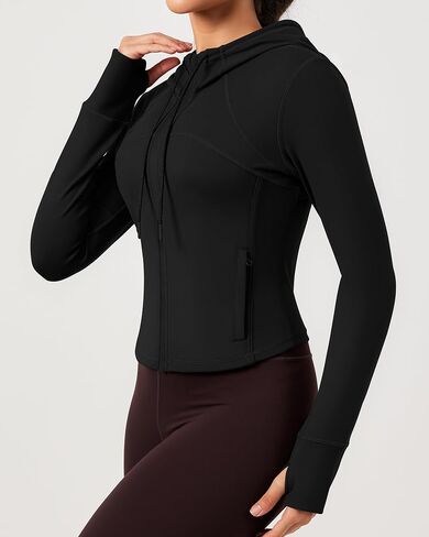 QUEENIEKE Hooded Workout Jacket for Women - Zip Up Athletic Running BBL Jacket Croped Tops with Back Mesh Vent & Thumb Holes in Saudi Arabia