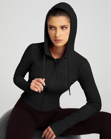 QUEENIEKE Hooded Workout Jacket for Women - Zip Up Athletic Running BBL Jacket Croped Tops with Back Mesh Vent & Thumb Holes in Saudi Arabia
