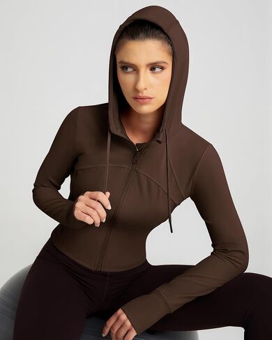QUEENIEKE Hooded Workout Jacket for Women - Zip Up Athletic Running BBL Jacket Croped Tops with Back Mesh Vent & Thumb Holes in Saudi Arabia