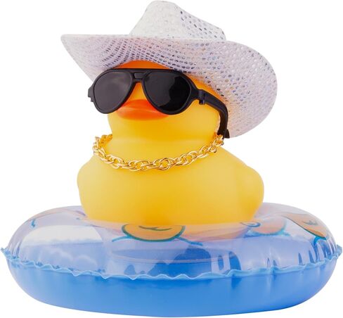 البط المطاطي للسيارات لوحة القيادة رعاة البقر بطة اكسسوارات السيارات الحلي مع قبعة رعاة البقر ديسكو صغيرة السباحة الدائري وشاح النظارات الشمسية والدعامة الخاصة (DC10) in Kuwait