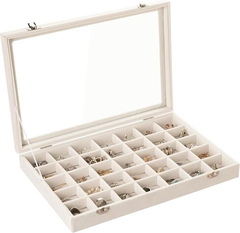 Frebeauty Velvet Jewelry Tray,35 Grid Jewelry Organizer with Clear Lid,Earring Holder Organizer Case with Clasp,Drawer Insert for Rings Studs,13.8 x 9.5 x 2 Inches,Gift for Women Girls(Beige) in Kuwait