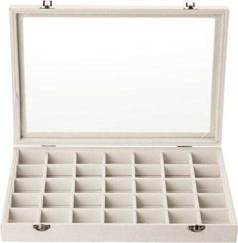 Frebeauty Velvet Jewelry Tray,35 Grid Jewelry Organizer with Clear Lid,Earring Holder Organizer Case with Clasp,Drawer Insert for Rings Studs,13.8 x 9.5 x 2 Inches,Gift for Women Girls(Beige) in Kuwait