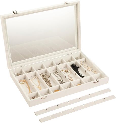 Frebeauty Velvet Jewelry Tray,35 Grid Jewelry Organizer with Clear Lid,Earring Holder Organizer Case with Clasp,Drawer Insert for Rings Studs,13.8 x 9.5 x 2 Inches,Gift for Women Girls(Beige) in Kuwait