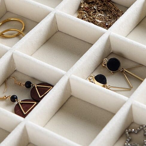 Frebeauty Velvet Jewelry Tray,35 Grid Jewelry Organizer with Clear Lid,Earring Holder Organizer Case with Clasp,Drawer Insert for Rings Studs,13.8 x 9.5 x 2 Inches,Gift for Women Girls(Beige) in Kuwait