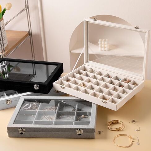 Frebeauty Velvet Jewelry Tray,35 Grid Jewelry Organizer with Clear Lid,Earring Holder Organizer Case with Clasp,Drawer Insert for Rings Studs,13.8 x 9.5 x 2 Inches,Gift for Women Girls(Beige) in Kuwait