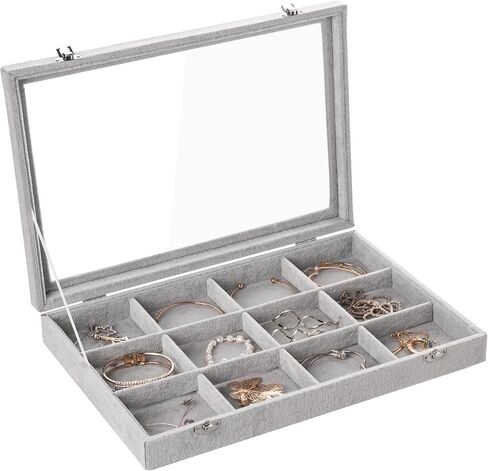 Frebeauty Velvet Jewelry Tray,35 Grid Jewelry Organizer with Clear Lid,Earring Holder Organizer Case with Clasp,Drawer Insert for Rings Studs,13.8 x 9.5 x 2 Inches,Gift for Women Girls(Beige) in Kuwait