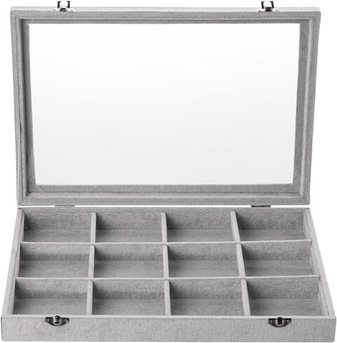 Frebeauty Velvet Jewelry Tray,35 Grid Jewelry Organizer with Clear Lid,Earring Holder Organizer Case with Clasp,Drawer Insert for Rings Studs,13.8 x 9.5 x 2 Inches,Gift for Women Girls(Beige) in Kuwait