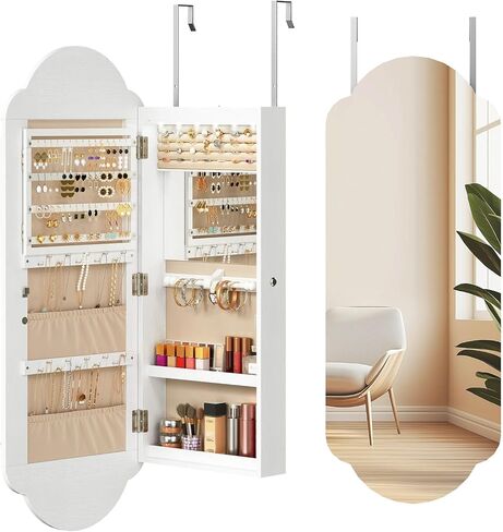 HOOBRO Wide Jewelry Cabinet, LED Jewelry Organizer Wall/Door Mounted, Hanging Jewelry Cabinet Mirror with Storage, Lockable, Interior Mirror, 4.1 x 16.5 x 42.5 Inches, Christmas Gifts, White WT03JC04 in Saudi Arabia
