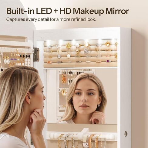 HOOBRO Wide Jewelry Cabinet, LED Jewelry Organizer Wall/Door Mounted, Hanging Jewelry Cabinet Mirror with Storage, Lockable, Interior Mirror, 4.1 x 16.5 x 42.5 Inches, Christmas Gifts, White WT03JC04 in Saudi Arabia