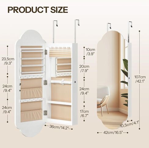 HOOBRO Wide Jewelry Cabinet, LED Jewelry Organizer Wall/Door Mounted, Hanging Jewelry Cabinet Mirror with Storage, Lockable, Interior Mirror, 4.1 x 16.5 x 42.5 Inches, Christmas Gifts, White WT03JC04 in Saudi Arabia