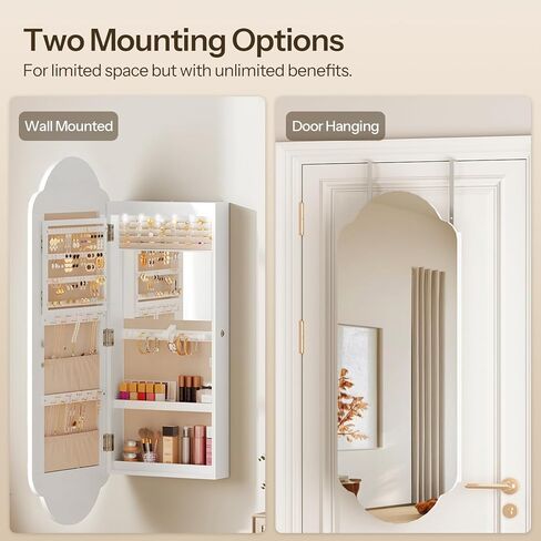 HOOBRO Wide Jewelry Cabinet, LED Jewelry Organizer Wall/Door Mounted, Hanging Jewelry Cabinet Mirror with Storage, Lockable, Interior Mirror, 4.1 x 16.5 x 42.5 Inches, Christmas Gifts, White WT03JC04 in Saudi Arabia
