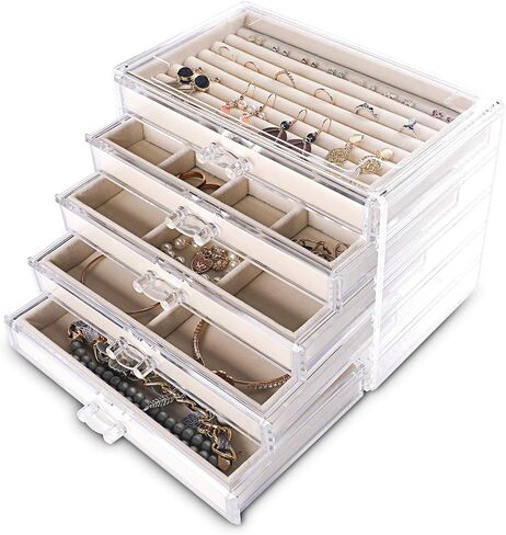 Frebeauty Extra Large Acrylic Jewelry Box for Women Girls 5 Layers Clear Velvet Earring Organizer with 5 Drawers Rings Display Case Necklaces Holder Tray (Beige) in Saudi Arabia