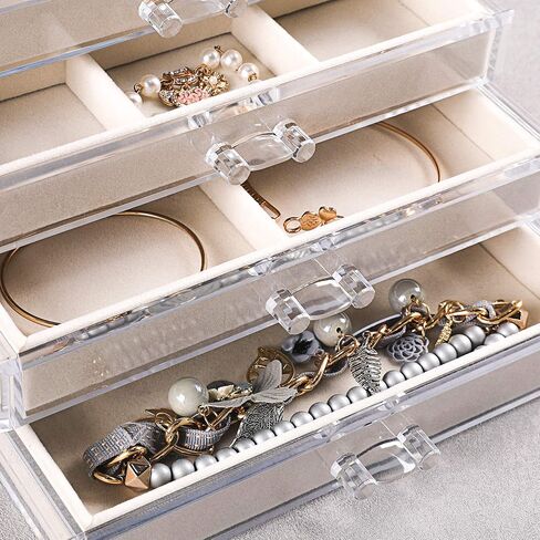 Frebeauty Extra Large Acrylic Jewelry Box for Women Girls 5 Layers Clear Velvet Earring Organizer with 5 Drawers Rings Display Case Necklaces Holder Tray (Beige) in Saudi Arabia