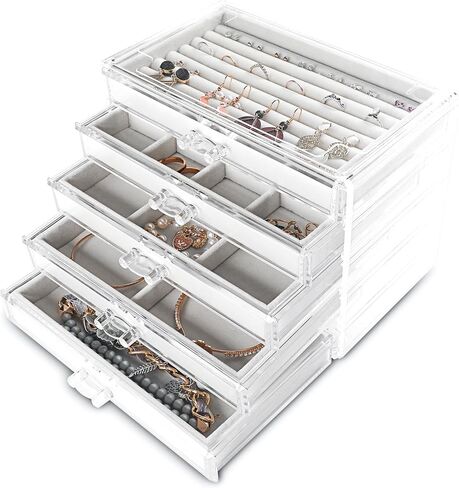 Frebeauty Extra Large Acrylic Jewelry Box for Women Girls 5 Layers Clear Velvet Earring Organizer with 5 Drawers Rings Display Case Necklaces Holder Tray (Beige) in Saudi Arabia