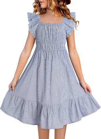 blibean Girls Summer Cotton Dresses Tween Ruffle Double Layer Sleeve Sundress Size 6-15 Years in Saudi Arabia