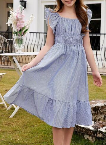 blibean Girls Summer Cotton Dresses Tween Ruffle Double Layer Sleeve Sundress Size 6-15 Years in Saudi Arabia