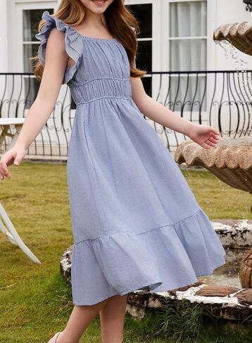 blibean Girls Summer Cotton Dresses Tween Ruffle Double Layer Sleeve Sundress Size 6-15 Years in Saudi Arabia