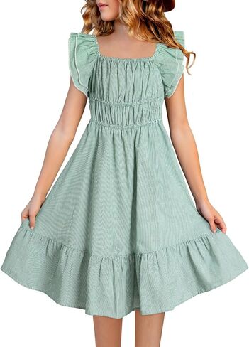 blibean Girls Summer Cotton Dresses Tween Ruffle Double Layer Sleeve Sundress Size 6-15 Years in Saudi Arabia
