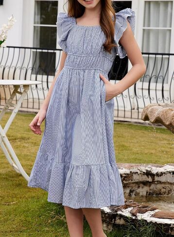 blibean Girls Summer Cotton Dresses Tween Ruffle Double Layer Sleeve Sundress Size 6-15 Years in Saudi Arabia