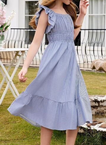 blibean Girls Summer Cotton Dresses Tween Ruffle Double Layer Sleeve Sundress Size 6-15 Years in Saudi Arabia