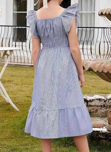 blibean Girls Summer Cotton Dresses Tween Ruffle Double Layer Sleeve Sundress Size 6-15 Years in Saudi Arabia