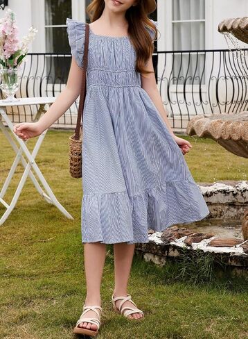 blibean Girls Summer Cotton Dresses Tween Ruffle Double Layer Sleeve Sundress Size 6-15 Years in Saudi Arabia