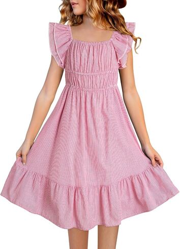 blibean Girls Summer Cotton Dresses Tween Ruffle Double Layer Sleeve Sundress Size 6-15 Years in Saudi Arabia
