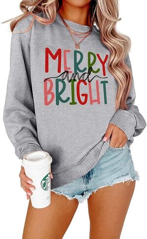 Christmas Sweatshirts for Women Merry and Bright Sweatshirt Long Sleeve Christmas Shirts Xmas Holiday Pullover Tops in Saudi Arabia